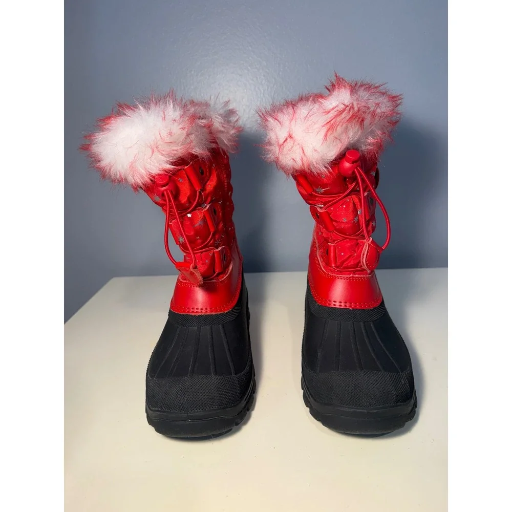 KSNOW Kids Red Black Faux Fur Trim Winter Snow Boots Size 2 Star Print Zip Up